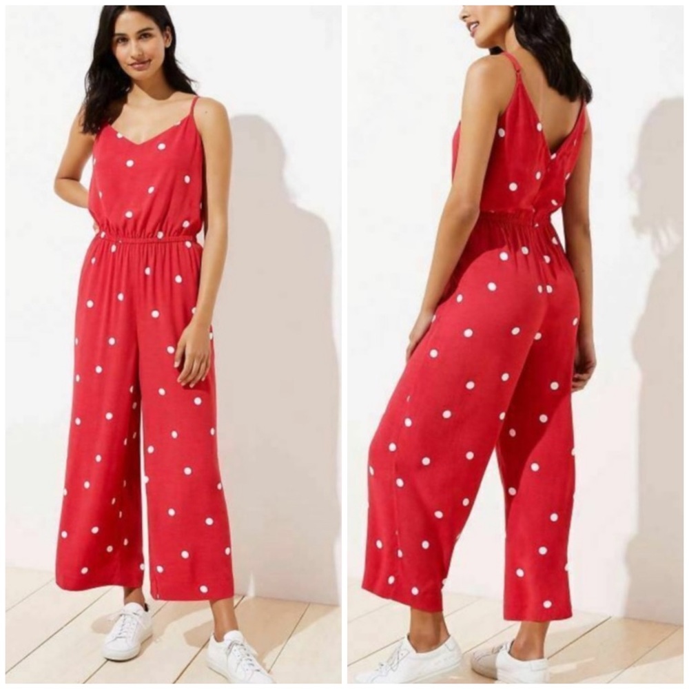 Loft Polka Dot Jumpsuit Elastic Waist Pink/White Medium Summer‎ Casual Parisian